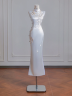White Chinese-style cheongsam, fitted waist, elegant ball gown/bridal dress R8233