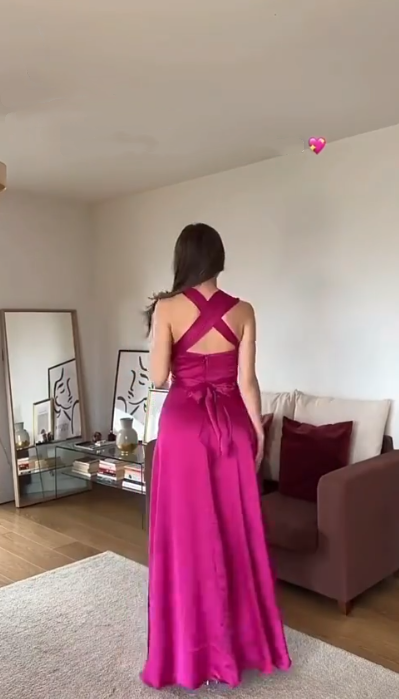 Classy Hot Pink Satin A Line Long Evening Dress Birthday Party Gown