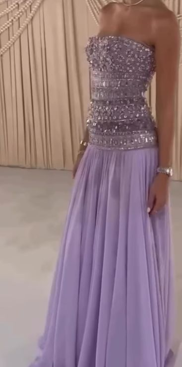 Classy Strapless Purple Chiffon Beaded Long Party Dress Evening Gown