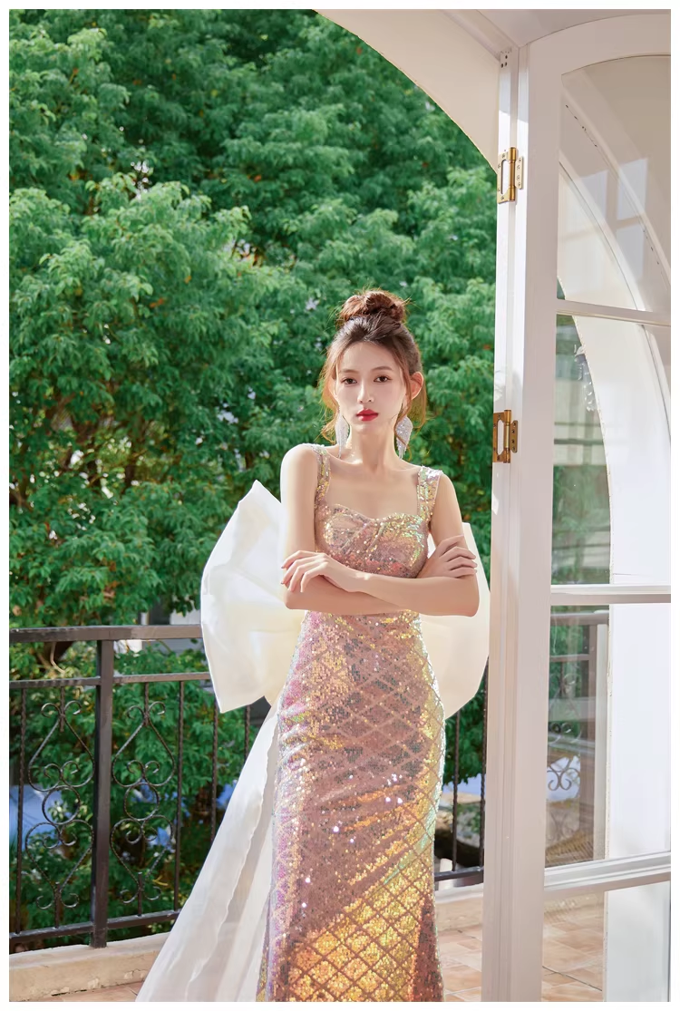 Glitter Spaghetti Straps Sequin Mermaid Long Party Dress Evening Gown With Bow