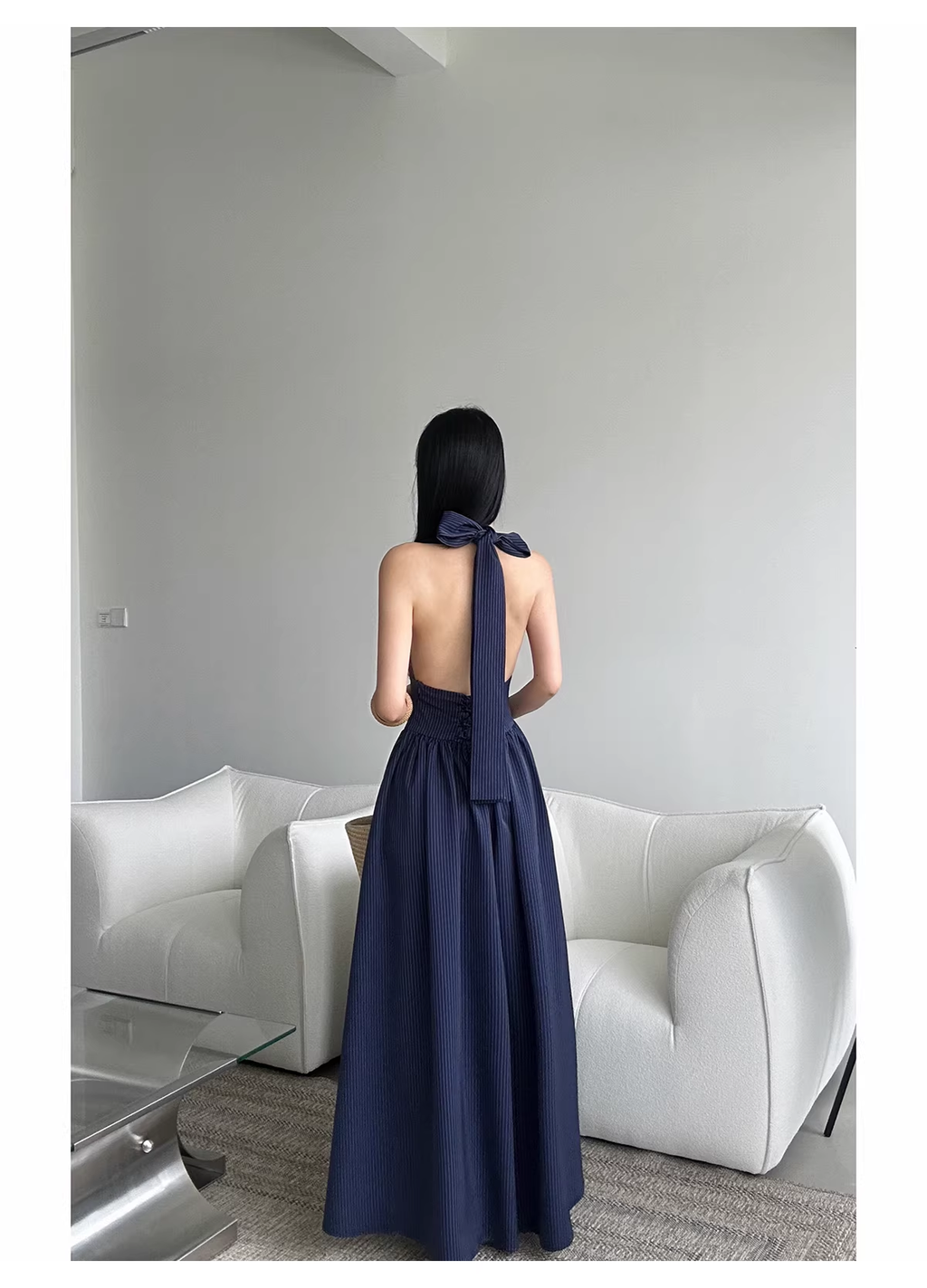 Cute Halter A-Line Black White Striped Butterfly Bow V-Neck Long Evening Dress Birthday Party Gown