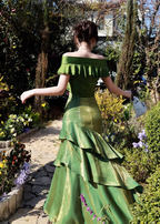 Glamorous Off The Shoulder Green Satin Ruffles Layered Mermaid Evening Dress Long Birthday Outfits SP1644