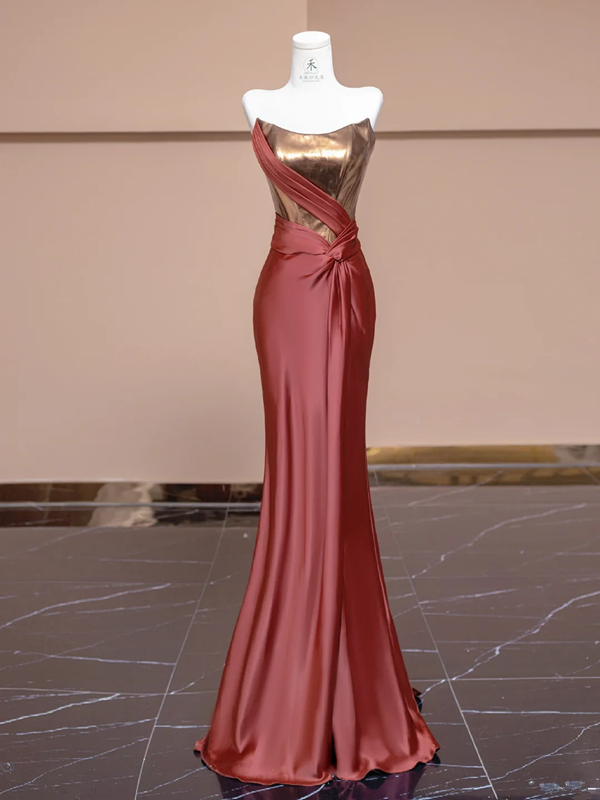 Champagne gold strapless dress with retro reddish-brown bodycon skirt, sexy ball gown/bridal gown R8283