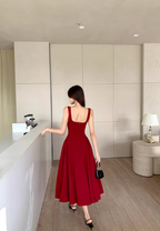 Red square neck suspender dress niche high-end a-line long dress certificate dress R1478