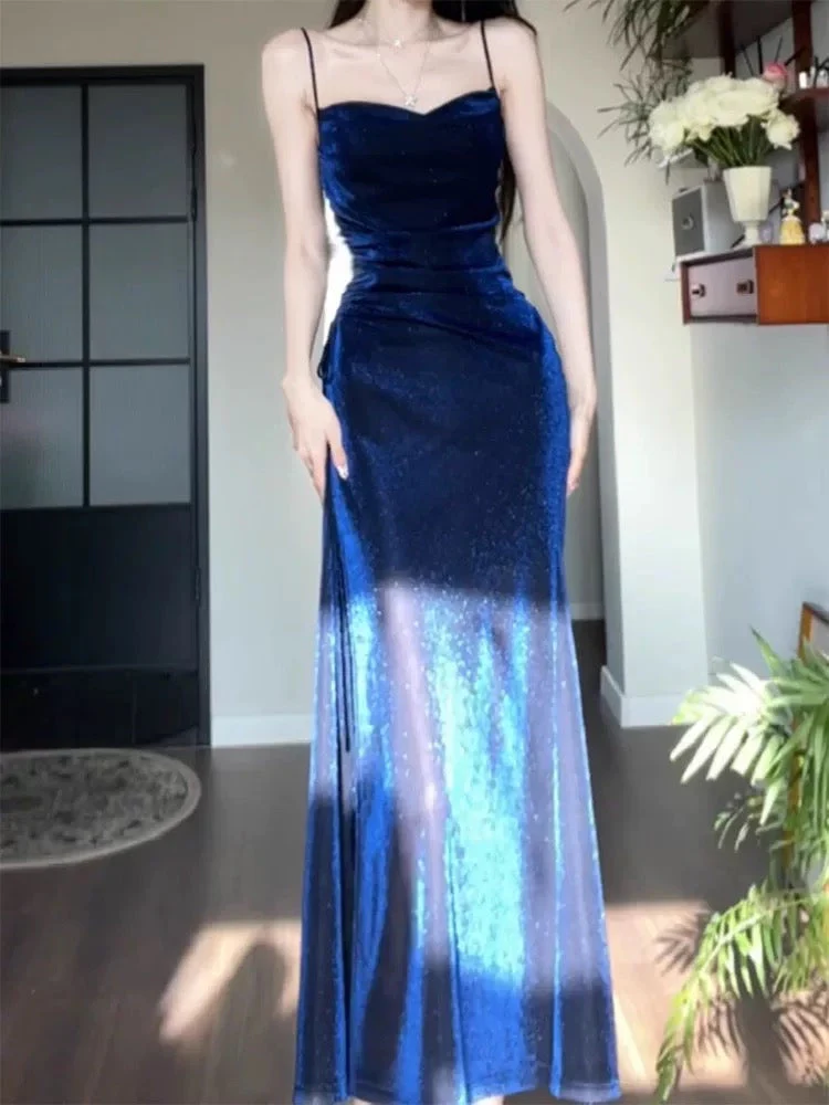 Sheath Spaghetti Straps Navy Blue Long Evening Dress Prom Dresses Birthday Outfits cg26204