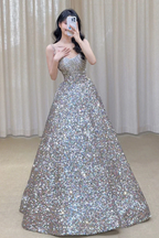 Ball Gown Straps Sequin Silver Long Evening Dress Prom Dresses Birthday Outfits  cg26193
