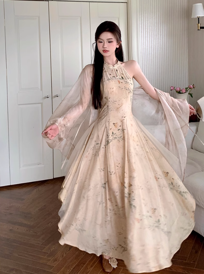 Fairy new Chinese style improved cheongsam halo dyed floral waist long skirt dress R1703