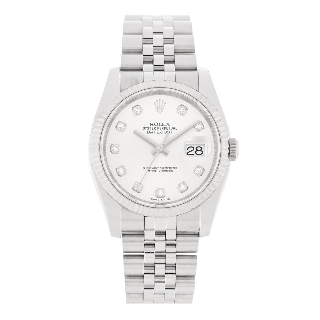 Stainless Steel 18K White Gold Diamond 36mm Oyster Perpetual Datejust Watch Silver 116234