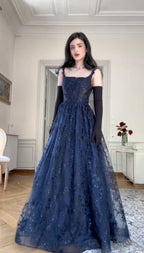Blue A Line Lace Appliques Prom Dress Elegant Evening Gown