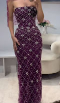 Luxurious Strapless Purple Tulle Beaded Long Evening Dress Birthday Prom Dresses SP1396