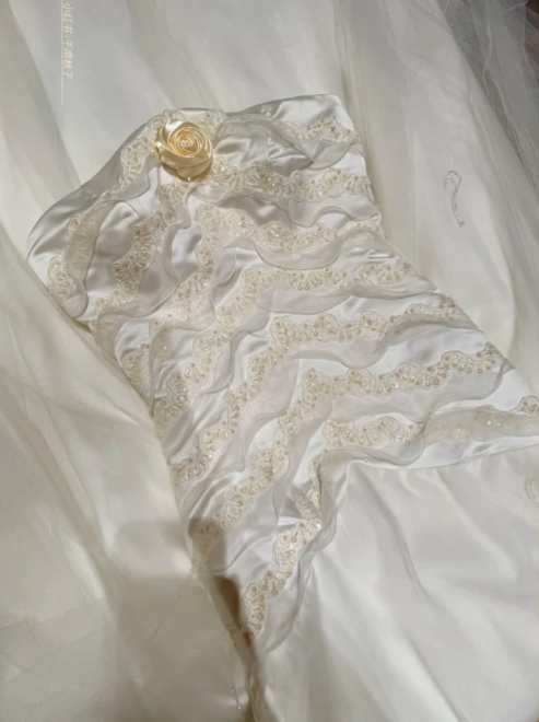 Classy Strapless White Satin Beaded Tulle Mermaid Long Evening Dress Formal Birthday Party Gowns
