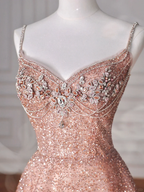 Pink Tulle Sequins Beaded Prom Dress Spaghetti Straps A Line Evening Dress cg26239