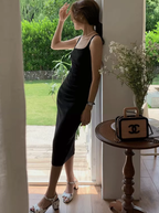 French sexy backless suspender dress slim fit high-end niche medium and long hip skirt R1449