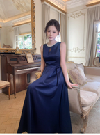 Stylish Sleeveless Navy Blue Satin Beaded A Line Long Birthday Dress Evening Gown SP1651