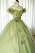 Pretty Quinceanera Dress Off The Shoulder Green Tulle 3D Flowers Ball Gown Sweet 16 Dress SP2031