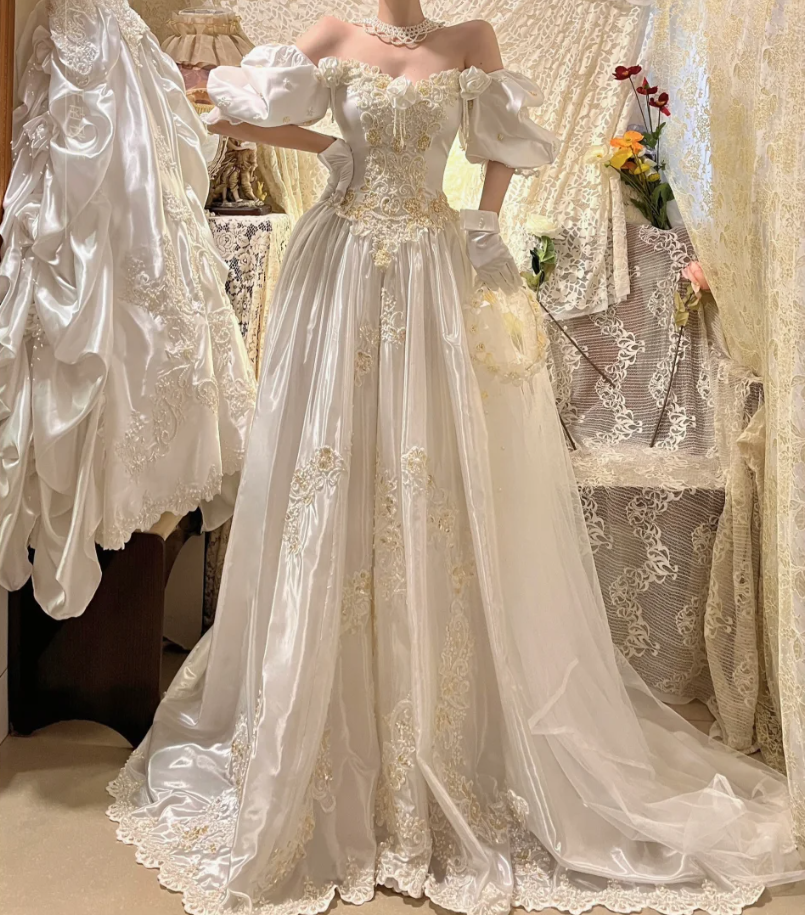 Charming Off The Shoulder White Satin Beaded Long Wedding Dress Bridal Gowns With Gloves