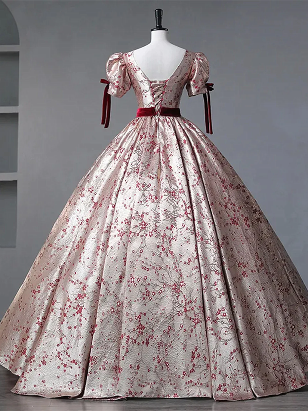 Floral Princess Gown with Burgundy Bows and Puff Sleeves Long Prom Dress Party Dress