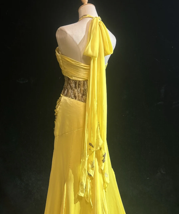 Classy Yellow Chiffon Prom Party Dress Beads Evening Gowns