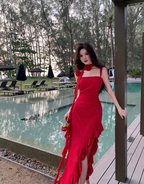 Red suspender dress high-grade irregular chiffon red rose ruffle seaside holiday dress R1470