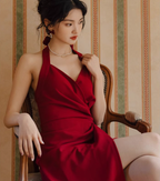 Retro skirt halter neck dress sexy backless wine red temperament slit dress skirt R1512