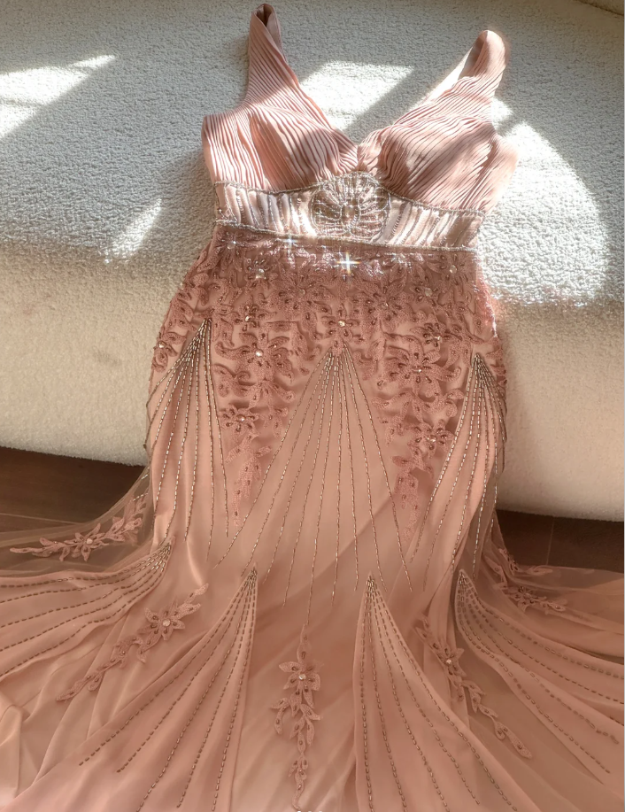 Pretty Pink V Neck Chiffon Beaded Mermaid Long Evening Dress Birthyday Prom Gowns