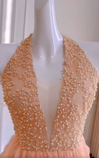 Gorgeous Halter Chiffon Pearls Beaded Homecoming Dress Orange Formal Birthday Outfits Y8981