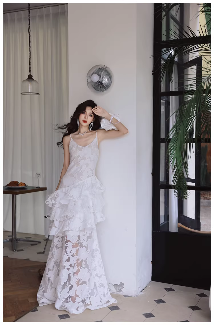 Fairy Spaghetti Strap White Lace Ruffle Layered Mermaid Long Prom Dress Evening Gowns