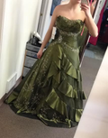 Vintage Strapless Olive Green Satin Lace Beaded Ball Gown Long Evening Dress