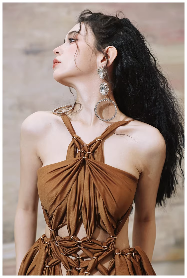 Sexy Halter Caramel Backless Satin Long party Dress Evening Gown