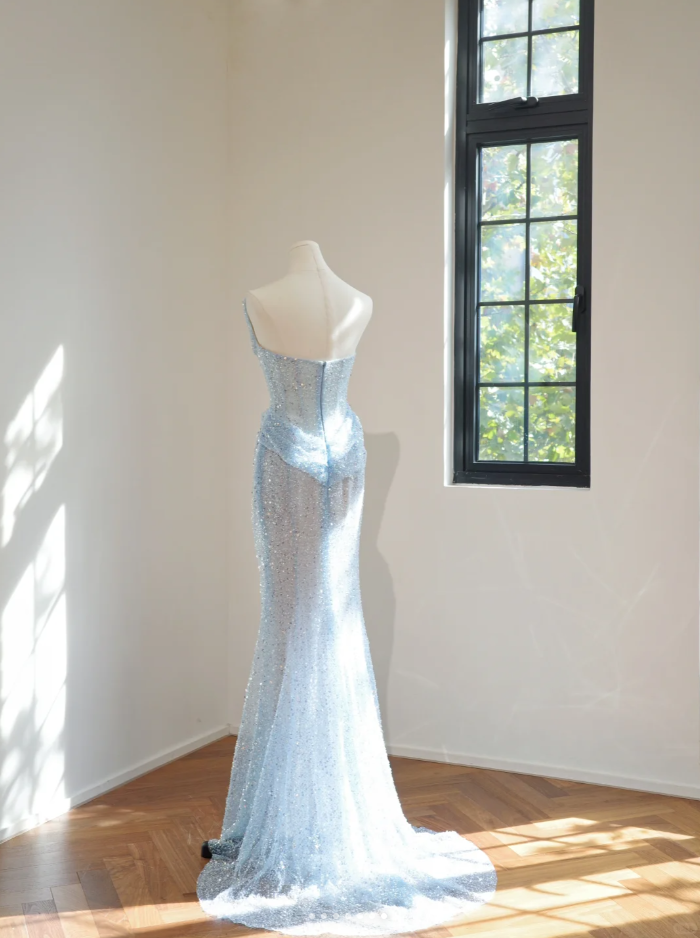 Pretty Strapless Light Blue Sequin Beaded Mermaid Long Birthday Party Dress Evening Gown