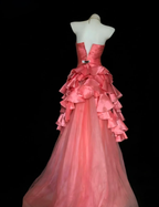 Sweet Peach Pink Satin Ruffles Tulle Mermaid Evening Dress Long Birthday Prom Gown With Beads SP1849