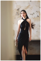 Sexy Black Halter High Slit Sheath Long Evening Dress Backless Prom Gowns
