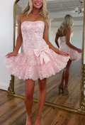 Cute Pink Sweetheart Neck Tulle Lace Appliques Short 20th Birthday Outfits Formal Homecoming Dress Y9782