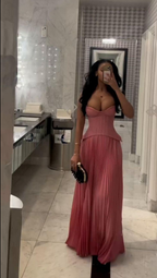 Elegant Spaghetti Straps Pink Satin Pleated A Line Long Evening Dress Formal Wedding Guest Dress SP1472