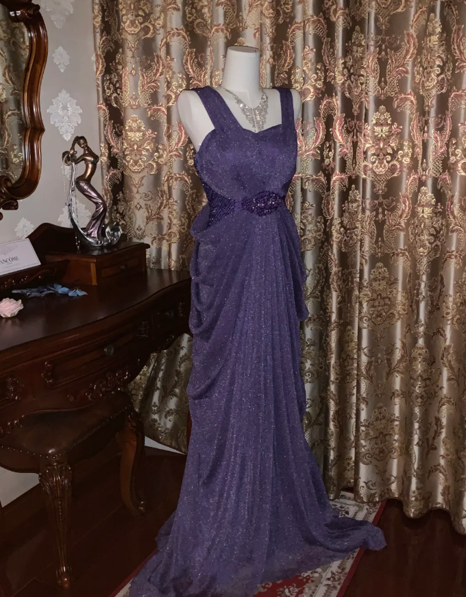 Sparkly Purple Tulle Sequin Beaded Pleated Mermaid Evening Dress Long Birthday Prom Gown