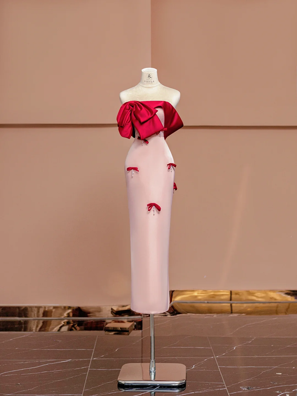 Red off-the-shoulder neckline, light pink fitted waist, long ball gown/bridal dress R8399