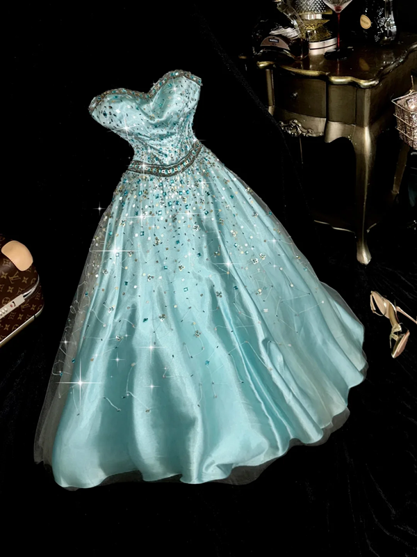 Light blue strapless beaded fitted long ball gown R6893