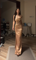 Gold strapless, cinched waist, boning, bodycon, sexy, long, elegant ball gown R8083