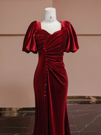 Deep red square neckline fitted waist long ball gown, bridal dress R8313