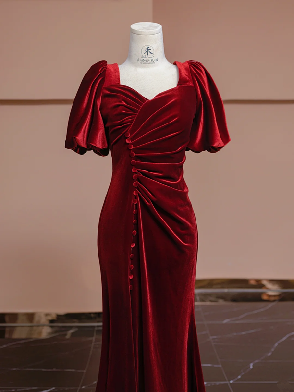 Deep red square neckline fitted waist long ball gown, bridal dress R8313