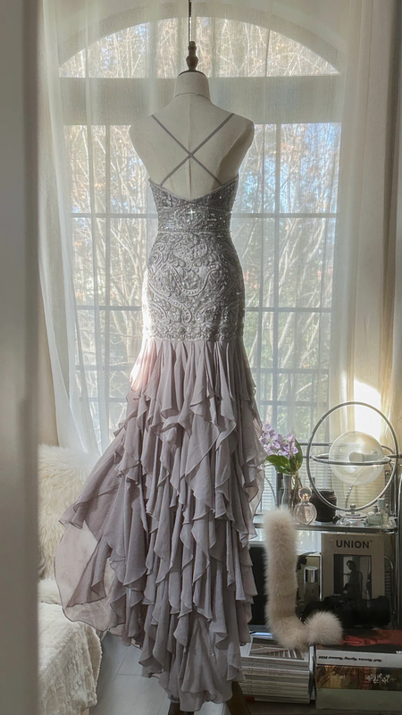 Light gray-purple halter-neck fitted waist slim hip body elegant long ball gown R7689