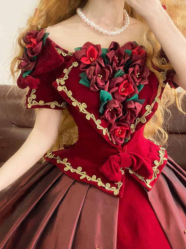 Red Retro Floral-Patterned Waist-Cinched Puffy-Hem Long-Length Ball Gown, Bridal Gown R7327