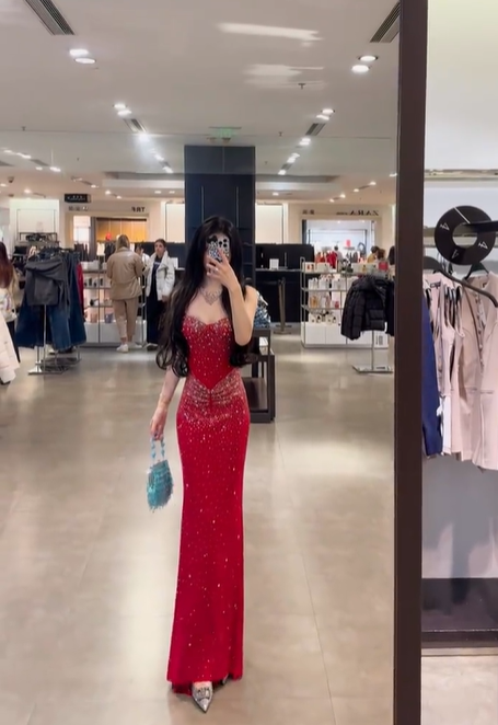 Red strapless waist-cinching slim-fit bodycon sexy long prom dress R7920
