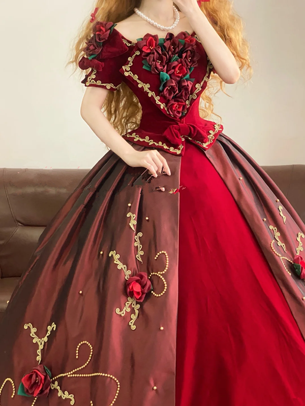 Red Retro Floral-Patterned Waist-Cinched Puffy-Hem Long-Length Ball Gown, Bridal Gown R7327