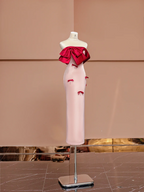 Red off-the-shoulder neckline, light pink fitted waist, long ball gown/bridal dress R8399