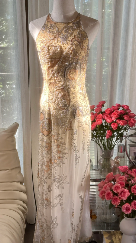Light apricot halter neck, fitted waist, backless, sexy rhinestone long ball gown R7760
