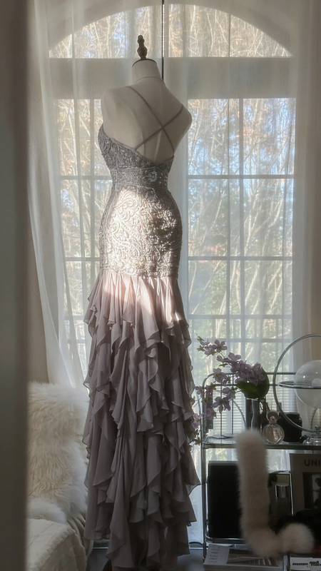 Light gray-purple halter-neck fitted waist slim hip body elegant long ball gown R7689