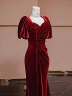 Deep red square neckline fitted waist long ball gown, bridal dress R8313