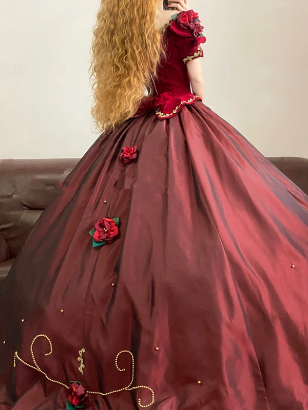 Red Retro Floral-Patterned Waist-Cinched Puffy-Hem Long-Length Ball Gown, Bridal Gown R7327