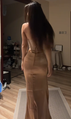 Gold strapless, cinched waist, boning, bodycon, sexy, long, elegant ball gown R8083